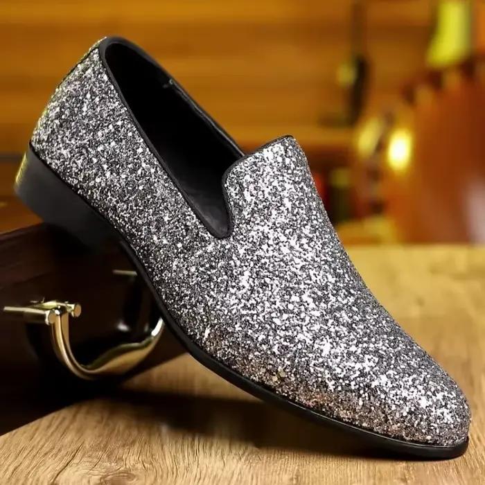 Hommes chaussures de fête formelles mocassins de luxe or argent paillettes chaussure de mariage sans lacet pour partie et occasions spéciales