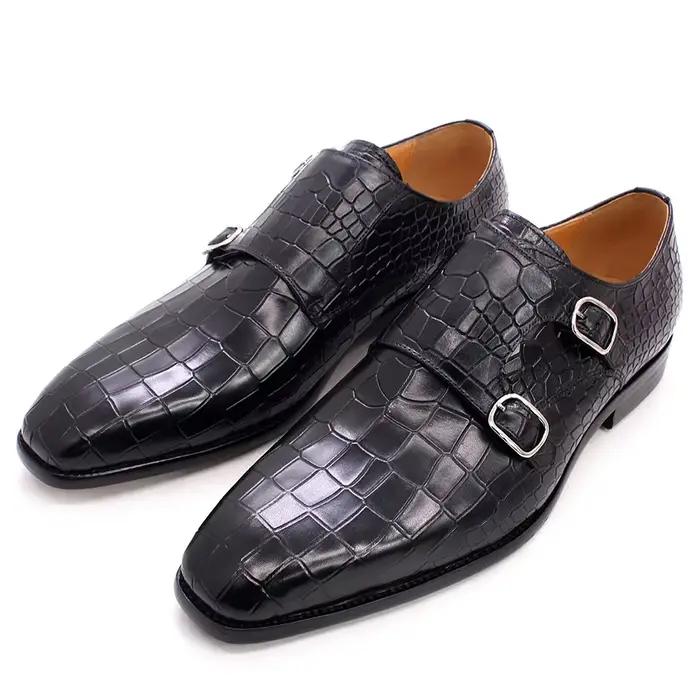 Chaussures formelles pour hommes en cuir de vache véritable motif Crocodile chaussure de moine chaussures Oxford Double boucle chaussures formelles d'affaires taille 38-47