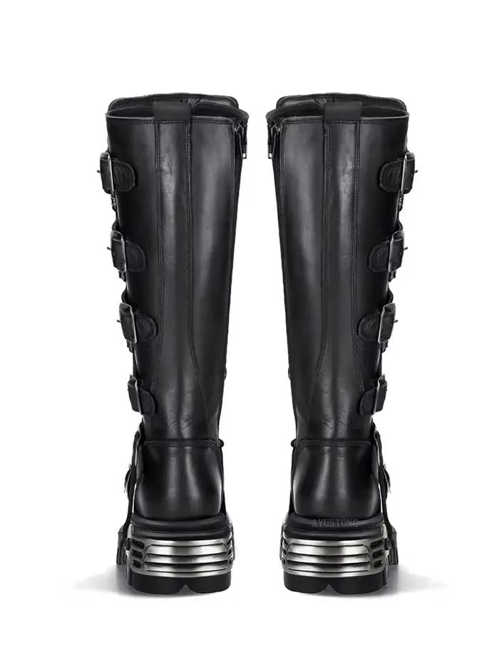 Rock Punk moto bottes genou haute Style foncé bout rond fond épais en cuir véritable couleur unie mode Sexy femmes chaussures nouveau