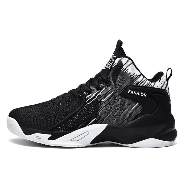 Chaussures de basket-ball montantes noires et blanches pour hommes - Baskets athlétiques en maille respirante
