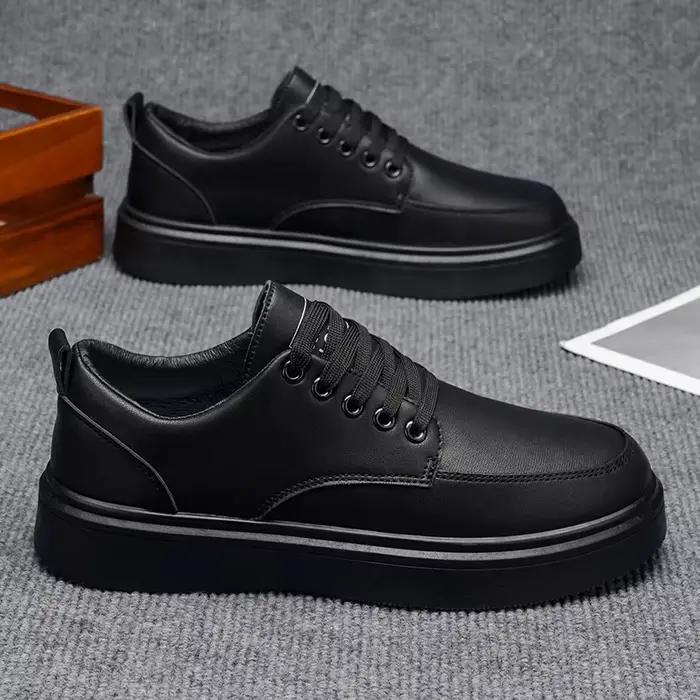 Sneakers en cuir minimalistes pour hommes - Chaussures de marche décontractées à semelle épaisse LOEIKAN