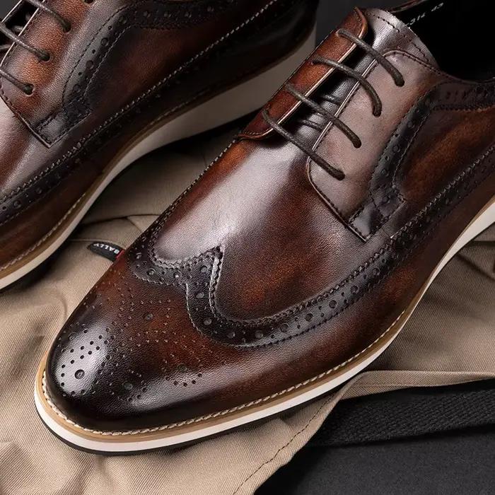 Brogues classiques hommes chaussures bureau d'affaires Oxfords décontracté à lacets mode hommes costumes chaussures en cuir pur bout d'aile rétro chaussures habillées