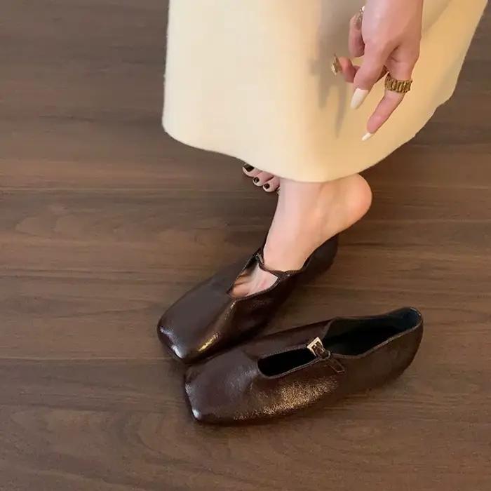 2025 léger été français rétro chaussures en cuir véritable minimaliste élégant bout carré