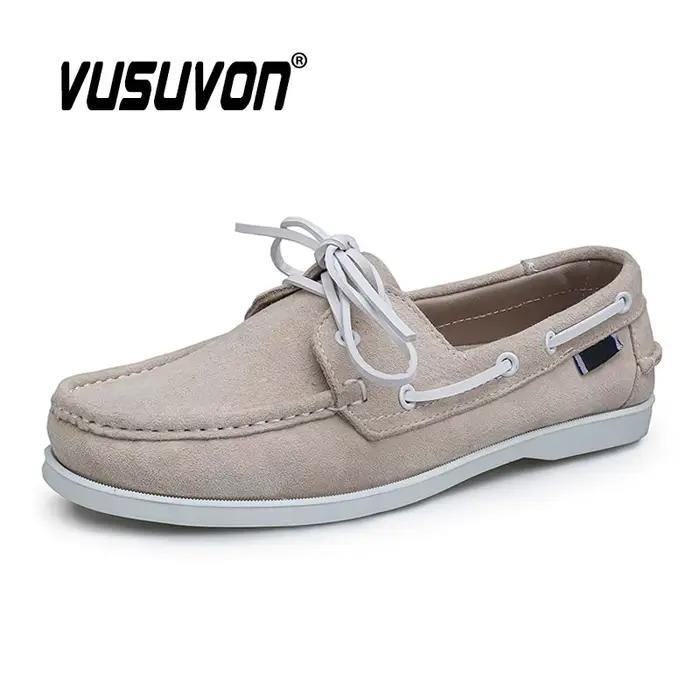 Chaussures bateau pour hommes en cuir véritable et daim de vache