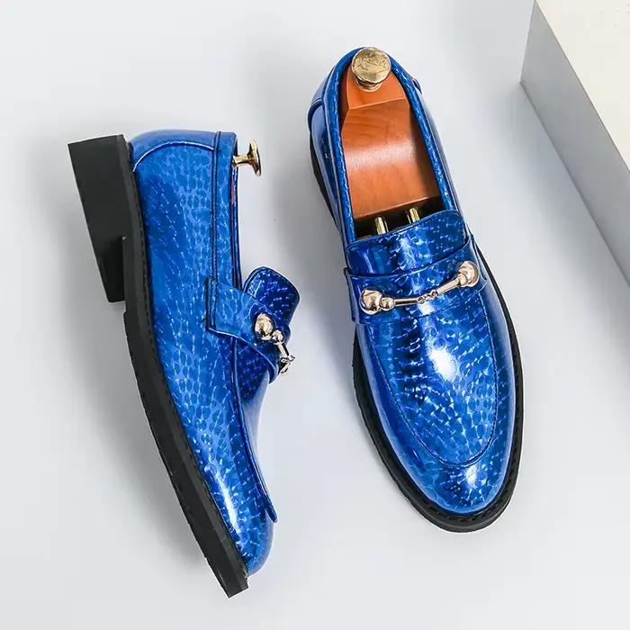 Chaussures en cuir verni pour hommes, mocassins de luxe bleus de style européen et américain, haut de gamme, pour banquets, trajets quotidiens, fêtes, chaussures habillées formelles, taille : 38-46