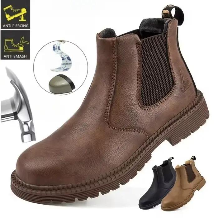 Chaussures de travail de sécurité imperméables pour hommes, bottes en cuir à tête en acier, chaussures de travail de Construction indestructibles marron