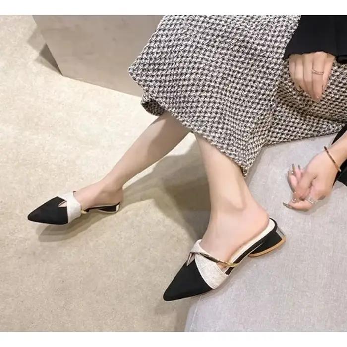 Mules tendance Baotou - Été 2026 - Patchwork en cuir français - Talon bas - Bout pointu - Chaussures sexy pour femmes - Tailles 35-42