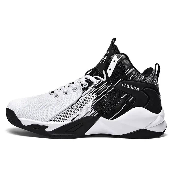 Chaussures de basket-ball montantes noires et blanches pour hommes - Baskets athlétiques en maille respirante