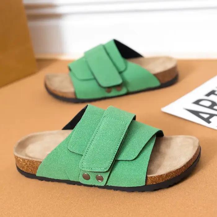 Sabots en daim et cuir pour hommes et femmes, pantoufles en liège, semelle intérieure confortable, chaussures ouvertes réglables, sandales coulissantes, intérieur, maison et extérieur pour Couples