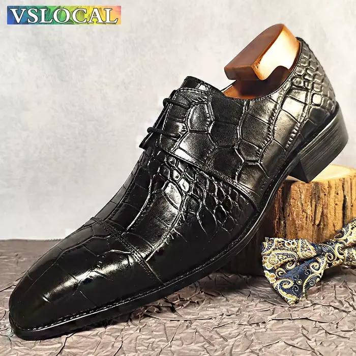 Hommes italiens chaussures en cuir véritable noir bleu Crocodile imprime à lacets décontracté