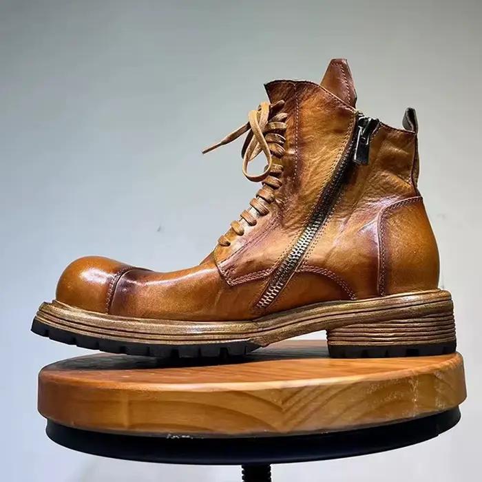 Bottines en cuir véritable faites à la main pour hommes, style britannique, printemps automne, bout rond, talons moyens, pour affaires et loisirs, bottes montantes élégantes à offrir