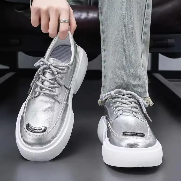 Chaussures de luxe argentées pour hommes, baskets légères et résistantes à l'usure, à plateforme rehaussante, à la mode