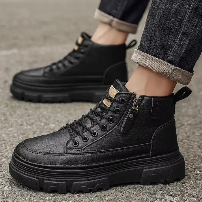 Hommes bottes automne cuir imperméable mi-haut chaussures de sport nouvelle mode bottines décontracté en plein air