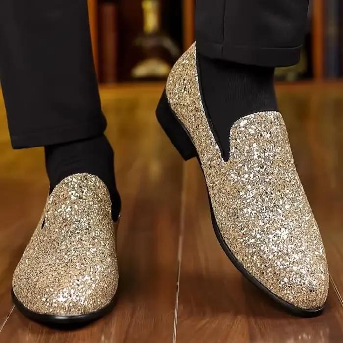 Hommes chaussures de fête formelles mocassins de luxe or argent paillettes chaussure de mariage sans lacet pour partie et occasions spéciales