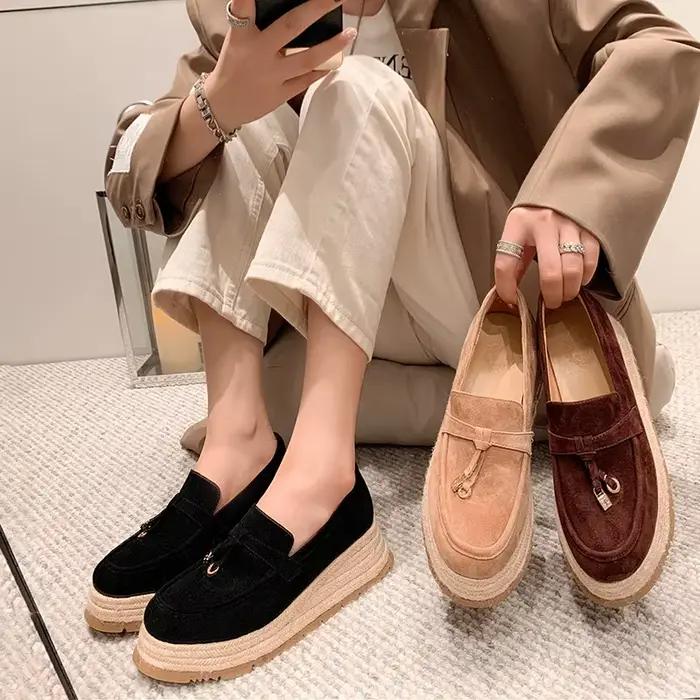 MKKHOU – mocassins à plate-forme en cuir véritable et daim, chaussures rétro en paille tressée, légères et neutres, de haute qualité, pour tous les jours