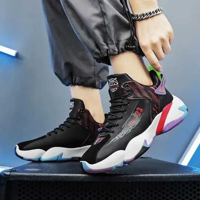 Chaussures de basketball montantes homme respirantes printemps automne PU caoutchouc semelles EVA sportives casual sneakers multicolore