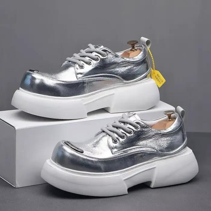 Chaussures de luxe argentées pour hommes, baskets légères et résistantes à l'usure, à plateforme rehaussante, à la mode