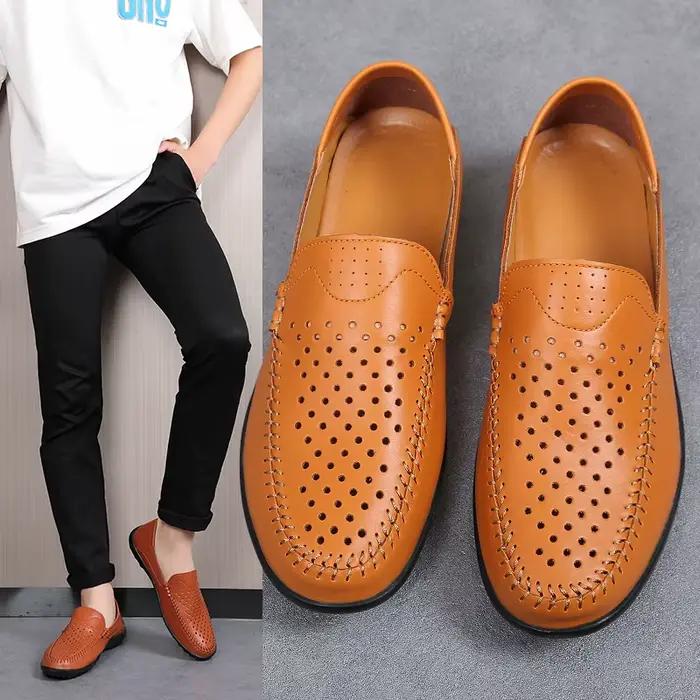 Mocassins en cuir véritable pour hommes décontractés design italien respirants été pointure ajustée à enfiler occassions spéciales