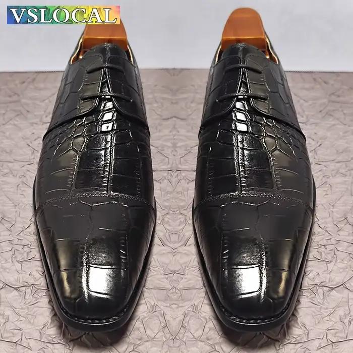 Hommes italiens chaussures en cuir véritable noir bleu Crocodile imprime à lacets décontracté