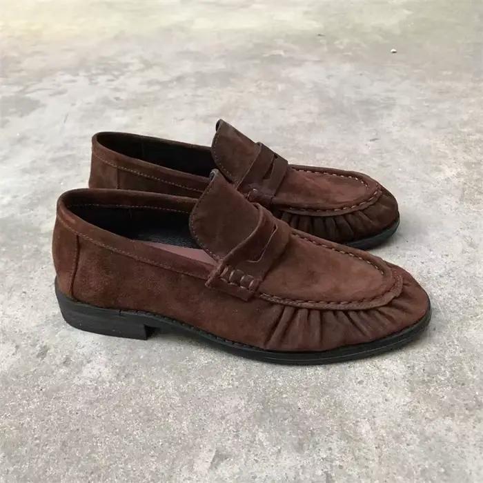 Nouvelles chaussures plates rétro françaises en cuir de veau pur fait à la main