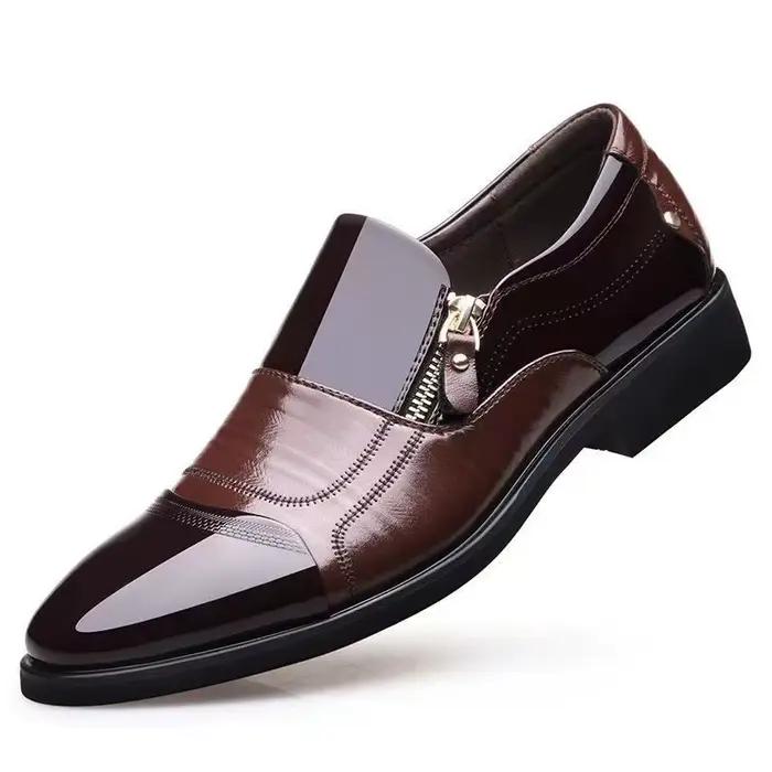 2025Men chaussures en cuir pointu pointues en plein air anti-dérapant plat mode affaires fermeture éclair