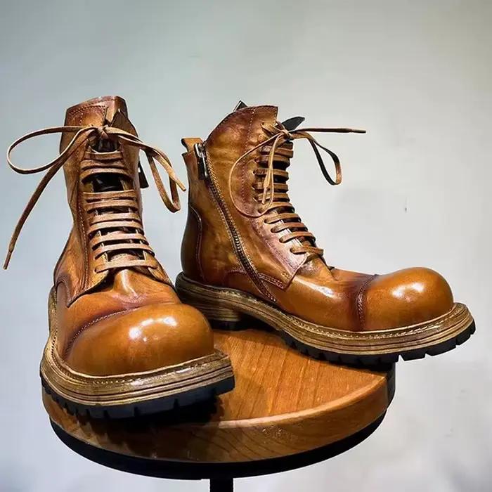 Bottines en cuir véritable faites à la main pour hommes, style britannique, printemps automne, bout rond, talons moyens, pour affaires et loisirs, bottes montantes élégantes à offrir