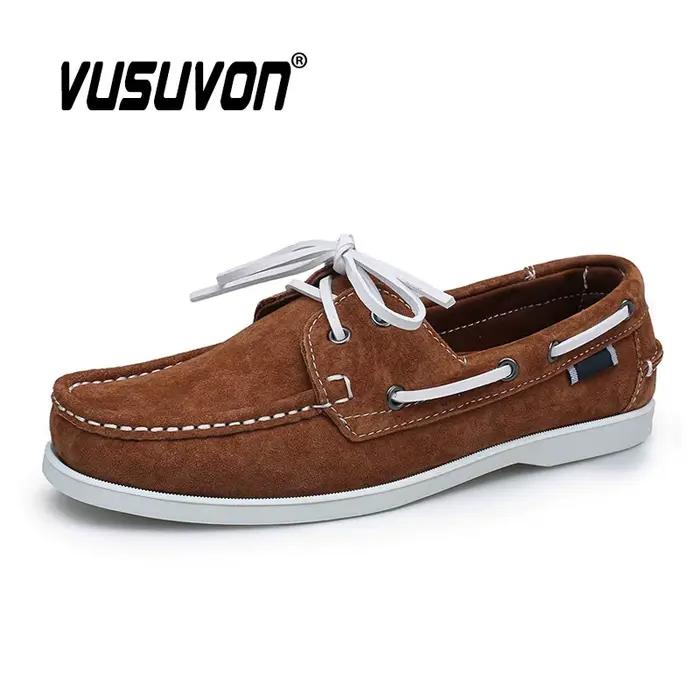 Chaussures bateau pour hommes en cuir véritable et daim de vache