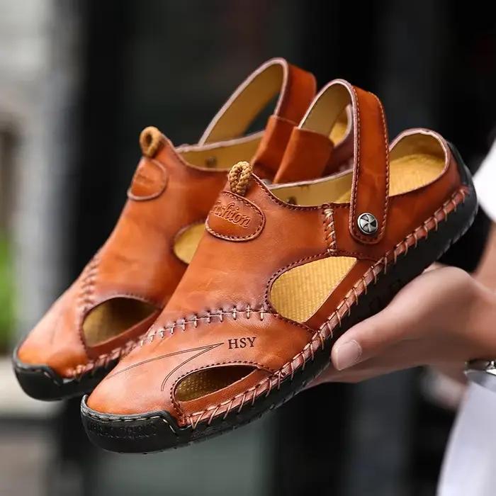 Mode hommes sandales en cuir véritable été plage pantoufles mâle antidérapant doux confortable chaussures de plein air de haute qualité homme sandales