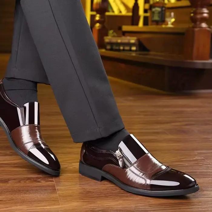 2025Men chaussures en cuir pointu pointues en plein air anti-dérapant plat mode affaires fermeture éclair