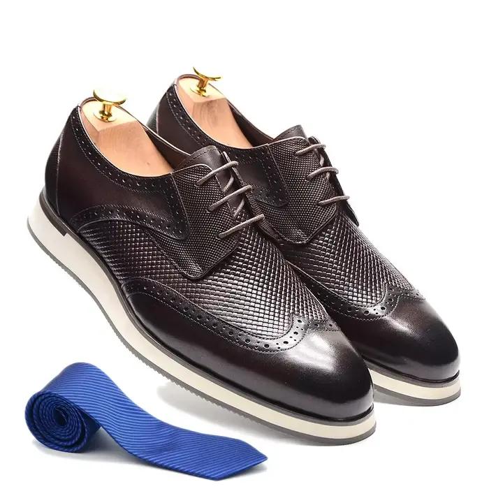 XEBOS chaussures Derby décontractées en cuir véritable pour hommes 3 œillets à lacets pointe d'aile Brogue tissage