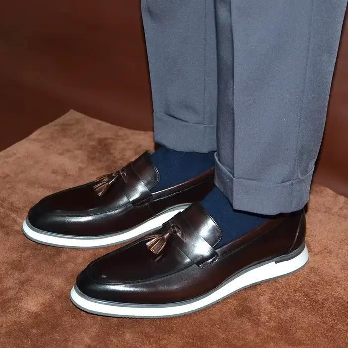 XEBOS hommes à la main en cuir véritable gland Penny mocassins noir marron chaussures plates automne décontracté