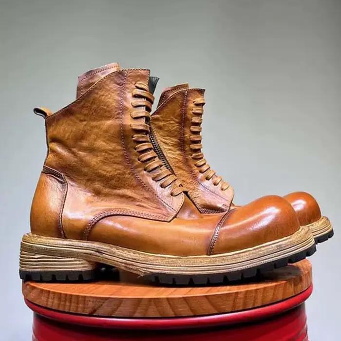 Bottines en cuir véritable faites à la main pour hommes, style britannique, printemps automne, bout rond, talons moyens, pour affaires et loisirs, bottes montantes élégantes à offrir