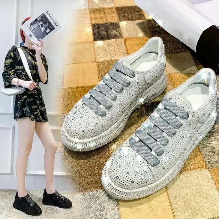 Chaussures de sport décontractées, Nouveauté de la saison, Vente flash : Chaussures compensées pour femme à semelle épaisse ornée de diamants, à lacets, bout rond, semelle extérieure en caoutchouc, am