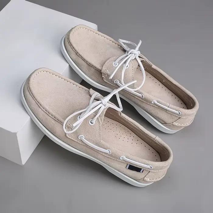Chaussures bateau pour hommes en cuir véritable et daim de vache