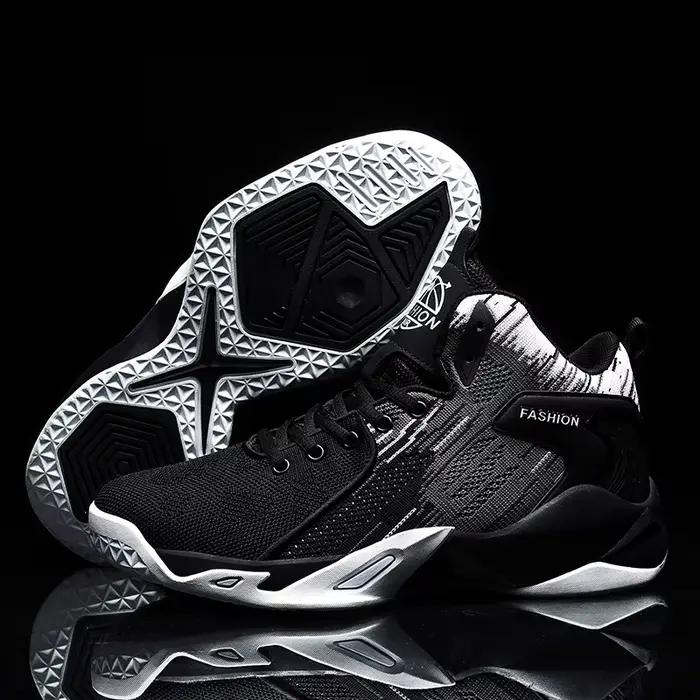 Chaussures de basket-ball montantes noires et blanches pour hommes - Baskets athlétiques en maille respirante