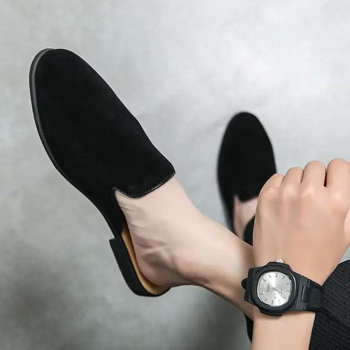 Demi-chaussures en cuir suédé pour hommes, mules italiennes à enfiler, chaussures plates d'été décontractées, mocassins respirants, pantoufles pour hommes, diapositives, 2022