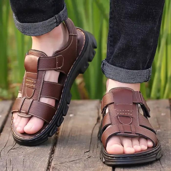 Sandales hommes nouvelles chaussures de plage pantoufles en peau de vache en plein air antidérapant à semelles épaisses