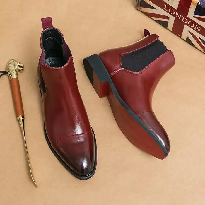Bottes Chelsea à semelle rouge pour hommes, chaussures d'affaires noires à bout pointu, montantes en cuir, bottes courtes angleterre à la mode